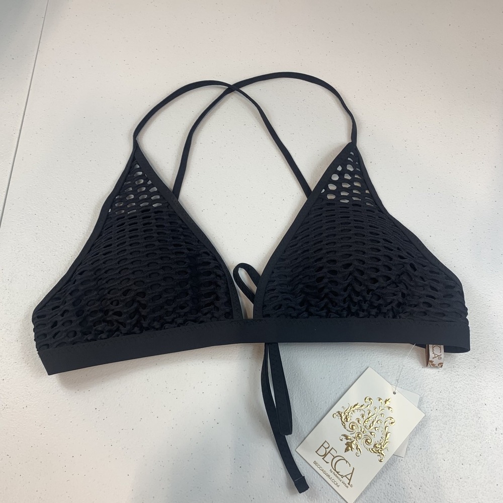 Becca Women's Bikini Top Swim Black Large Crocket String Tie Triangle Nylon